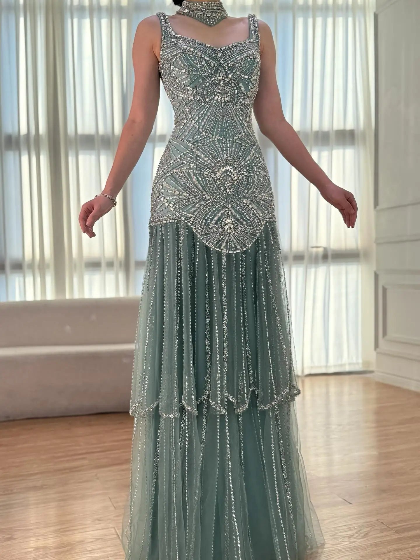 Luxury Turquoise Arabic Mermaid Beaded Evening Dress LA73189B