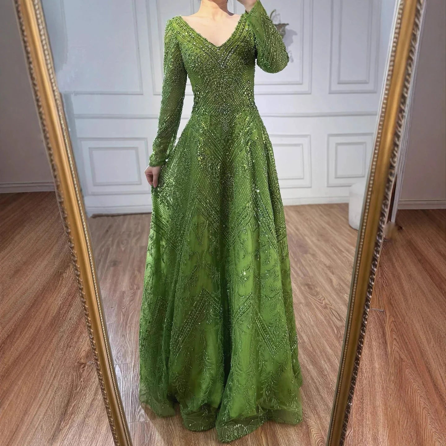Luxury Lime Green Lace Beaded Long Sleeve Evening Dress LA73324 - SERENE HILL