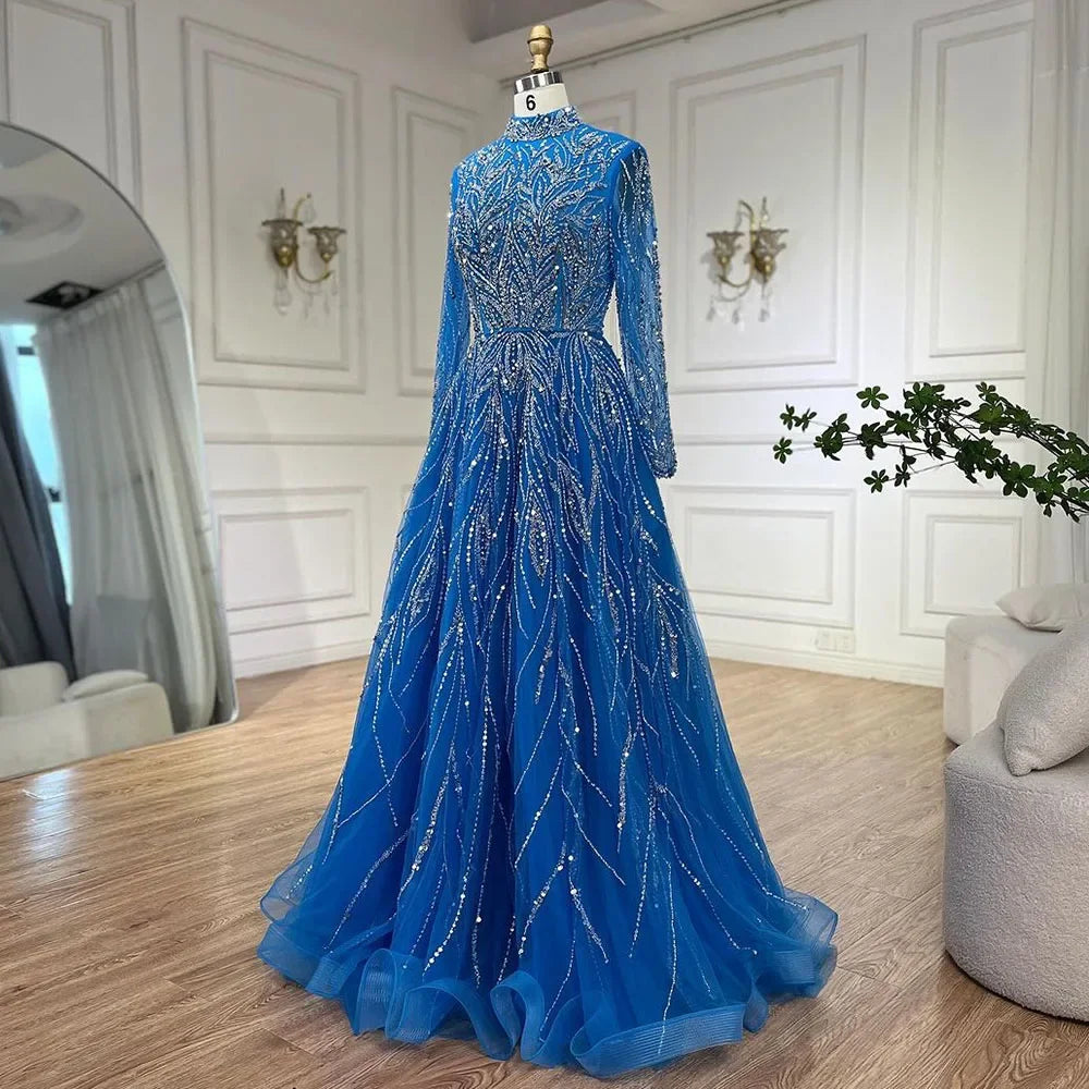 Luxury Muslim Blue A-Line Beaded Dubai Evening Dress LA72302A - SERENE HILL