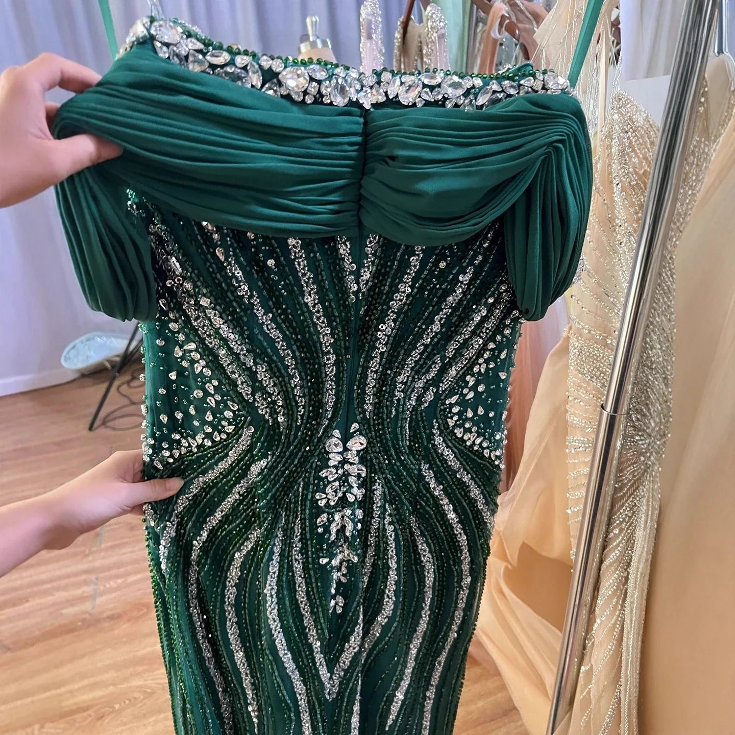 Luxury Green Gold Beaded Dubai Designer Mermaid Evening Dress LA73142 - SERENE HILL