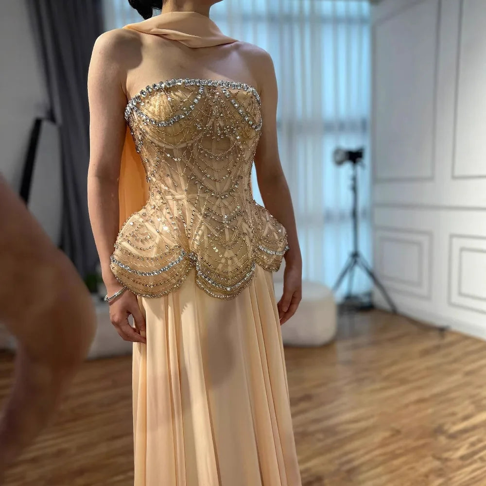 Luxury Designer Nude Beaded Chiffon Evening Dress LA72915