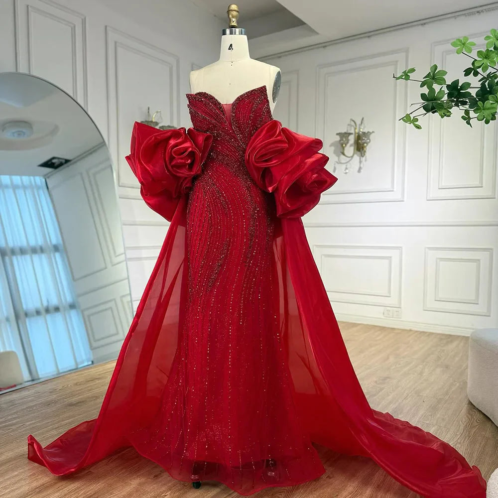 Red Trapless Mermaid Beaded Evening Dress with Cape LA72896