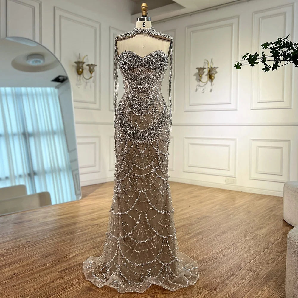 Nude Luxury Beaded Evening Dress with Tassel Short Cape LA72876