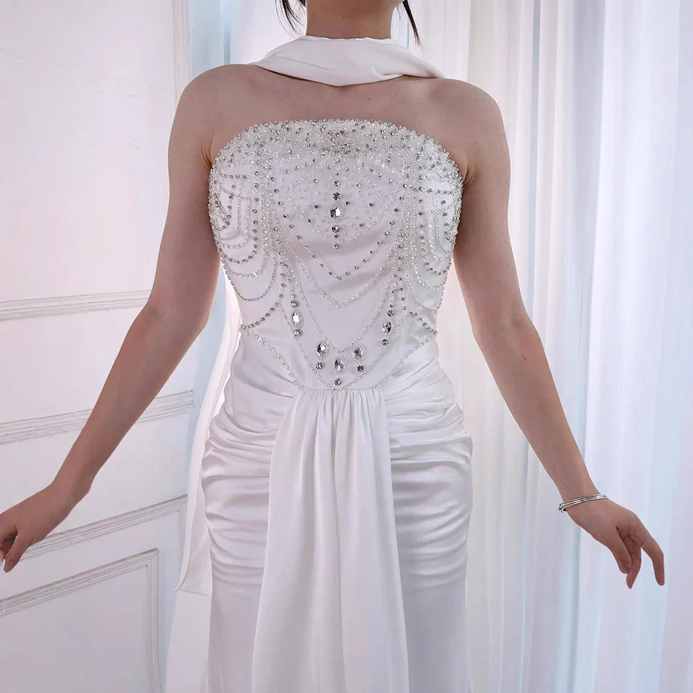 White Satin Beaded Evening Dress with Gloves LA73086