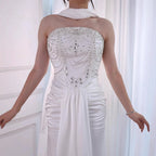 White Satin Beaded Evening Dress with Gloves LA73086