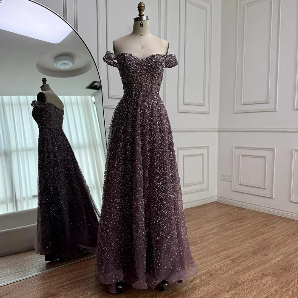 Caramel Off Shoulder A-Line Arabic Evening Dress LA72147B