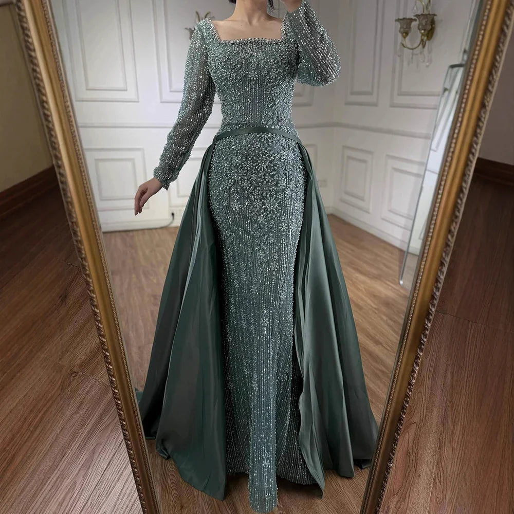 Luxury  Dubai Arabic Muslim Caramel Mermaid Beaded Evening Gown with Overskirt LA72533A