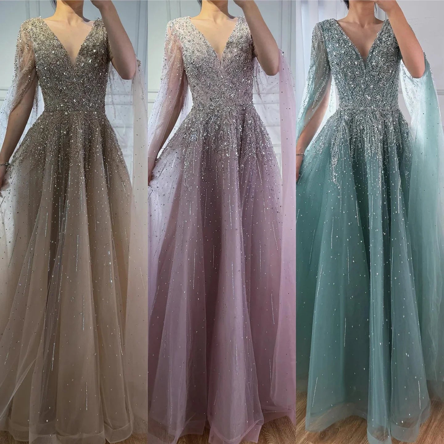 Luxury Caramel Dubai Evening Dress with Cape LA73269 - SERENE HILL