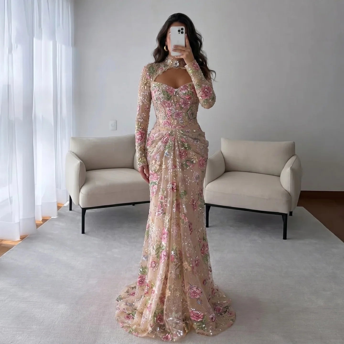 Floral Applique Mermaid Evening Gown - Elegant Party Dress with Long Sleeves LA73552