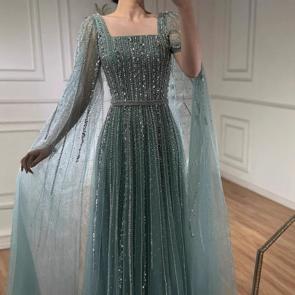 Luxury Dubai Square Neck Beaded Evening Gown with Cape LA73188 - SERENE HILL