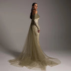 Elegant Olive Green Evening Dress with Lace Sleeves LA72942