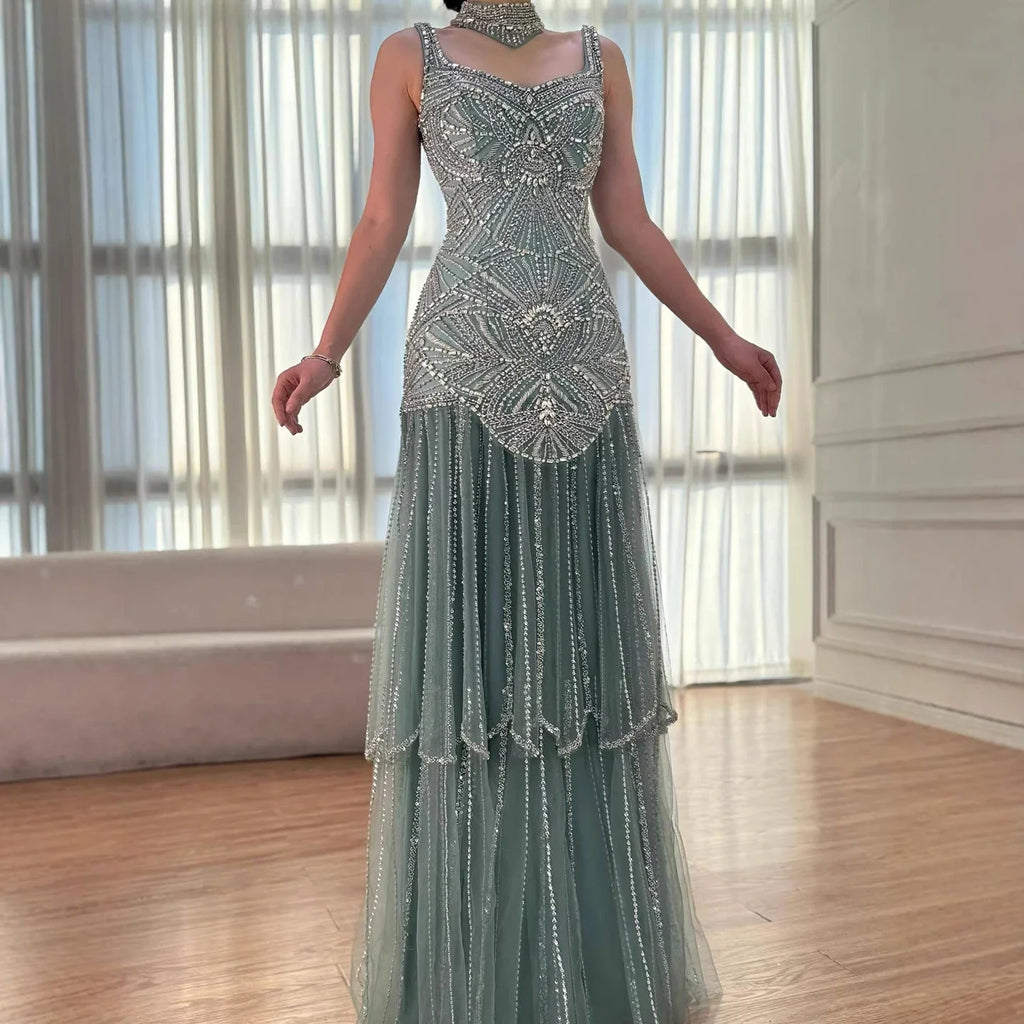 Luxury Turquoise Arabic Mermaid Beaded Evening Dress LA73189B
