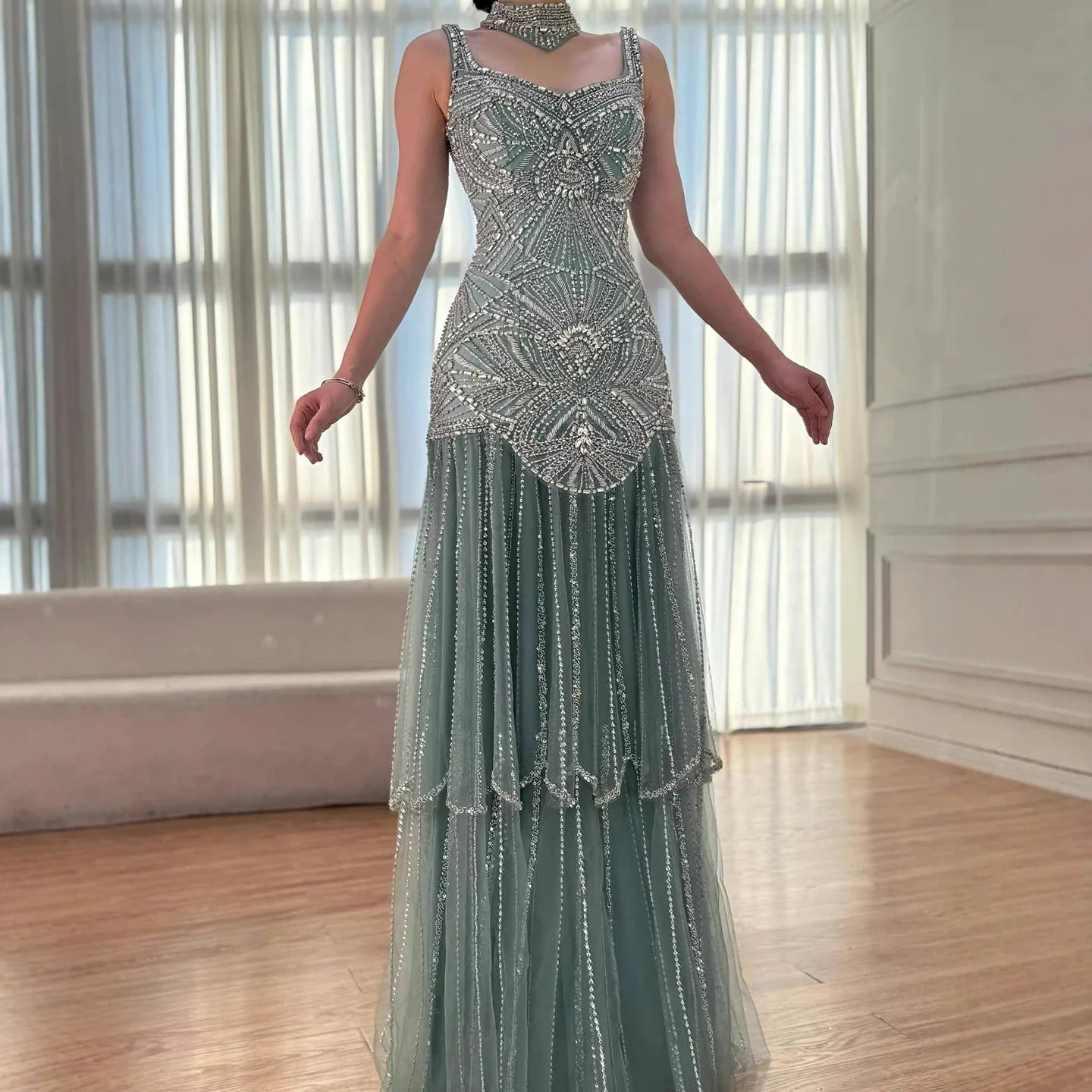 Luxury Turquoise Arabic Mermaid Beaded Evening Dress LA73189B