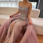 Luxury Dubai Nude Beaded Mermaid Evening Dress with Overskirt LA72811