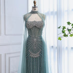 Luxury Turquoise Crystal Beaded Evening Dress with Cape LA73202 - SERENE HILL
