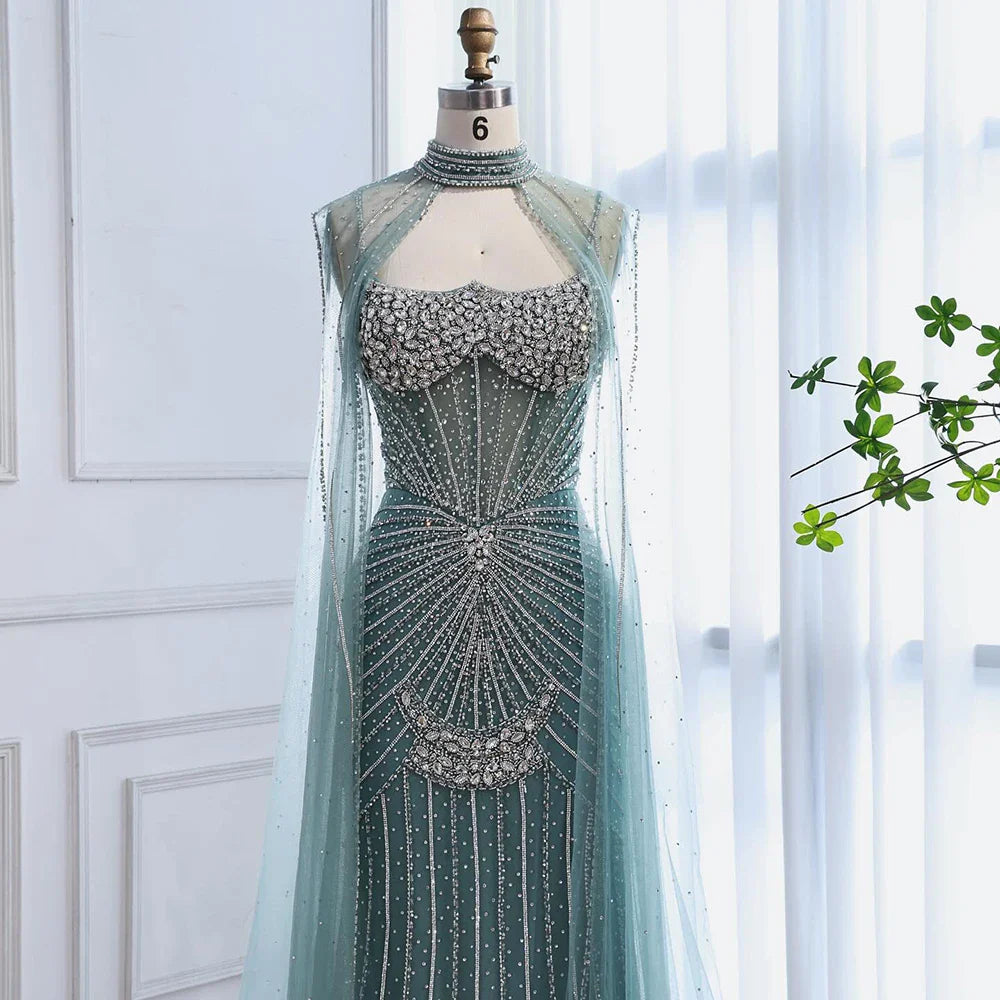Luxury Turquoise Crystal Beaded Evening Dress with Cape LA73202 - SERENE HILL