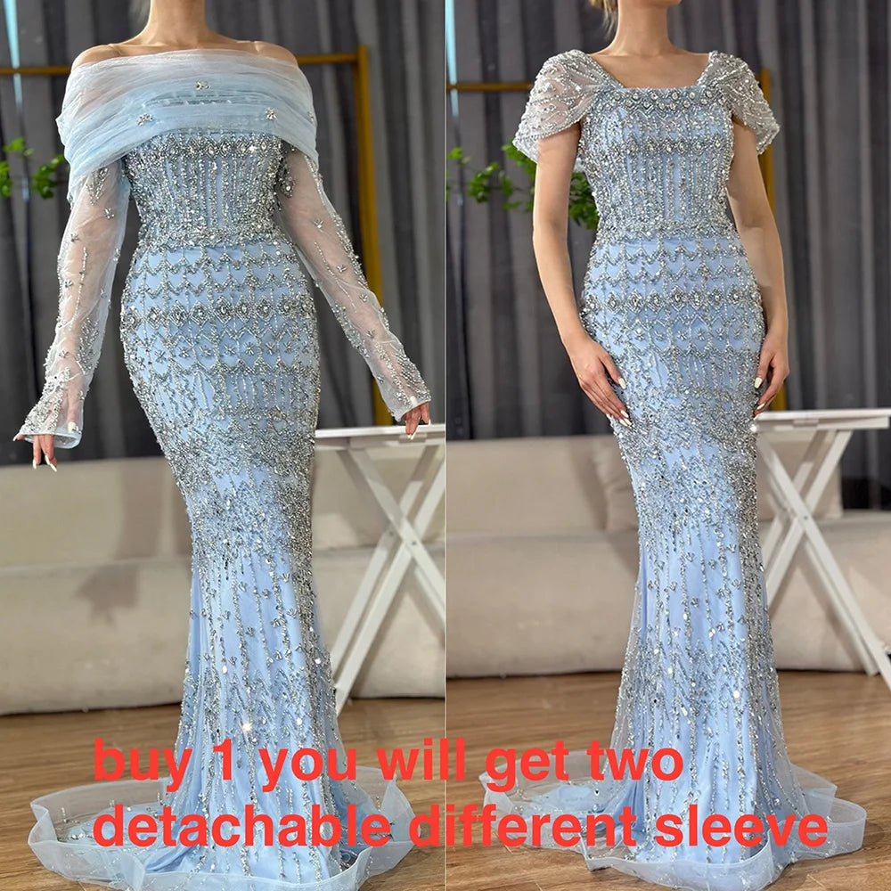 Luxury Dubai White Mermaid Beaded Evening Dress with  Cape Sleeves LA72714