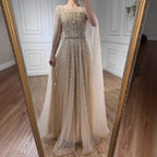 Luxury Dubai Square Neck Beaded Evening Gown with Cape LA73188 - SERENE HILL