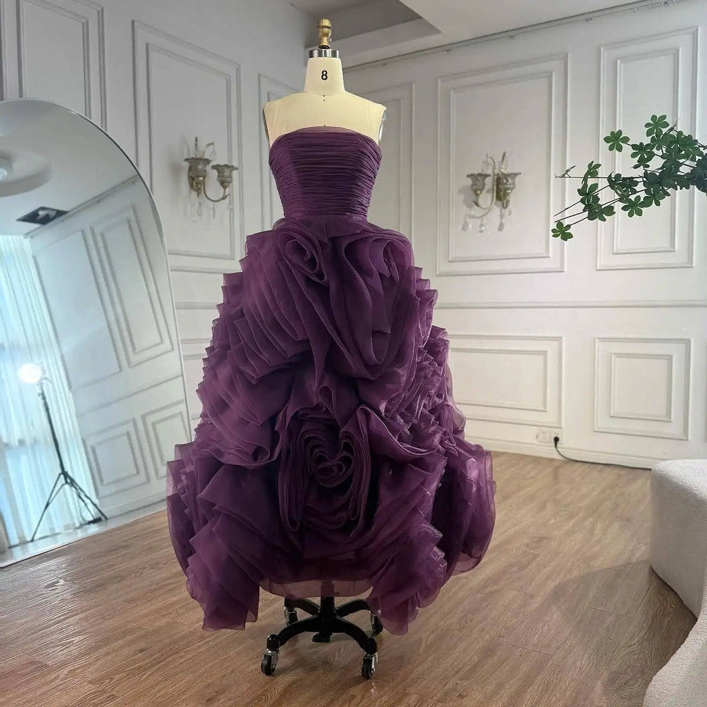 Luxury Purple 3D Rose Flower Strapless Princess Evening Dress LA73176 - SERENE HILL