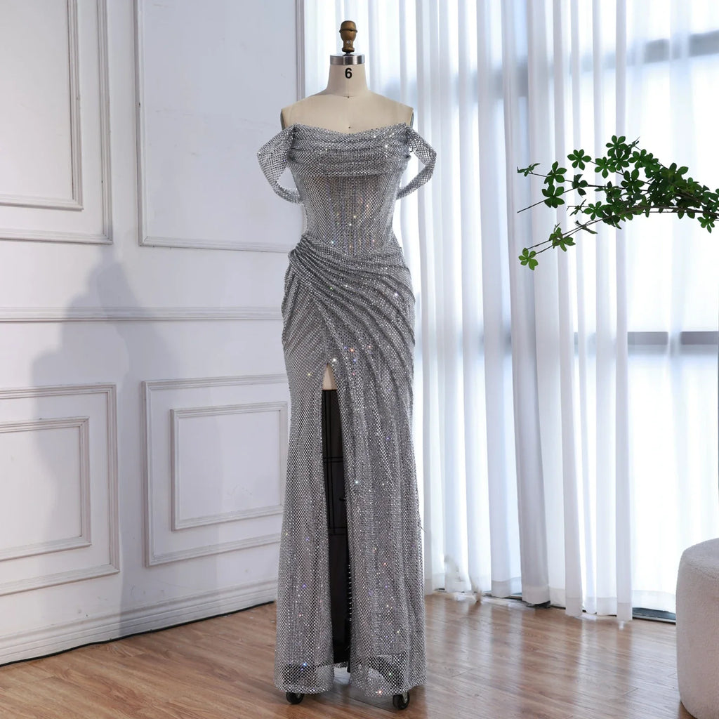 Luxury Silver Diamond Corset Off Shoulder Mermaid Evening Dress LA73410 - SERENE HILL