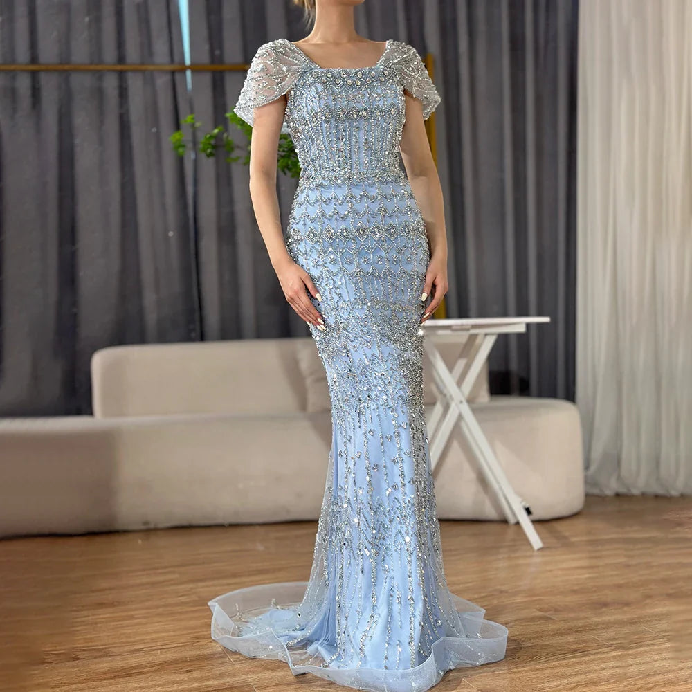 Luxury Dubai White Mermaid Beaded Evening Dress with  Cape Sleeves LA72714