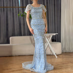 Luxury Dubai White Mermaid Beaded Evening Dress with  Cape Sleeves LA72714