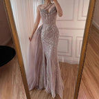 Luxury Nude Crystal Beaded One-Shoulder Evening Dress with Overskirt LA73161