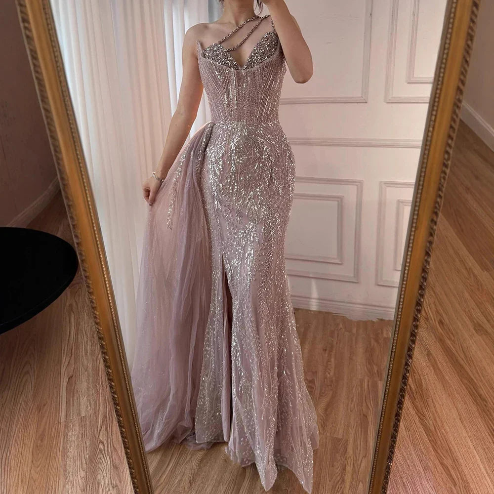 Luxury Nude Crystal Beaded One-Shoulder Evening Dress with Overskirt LA73161