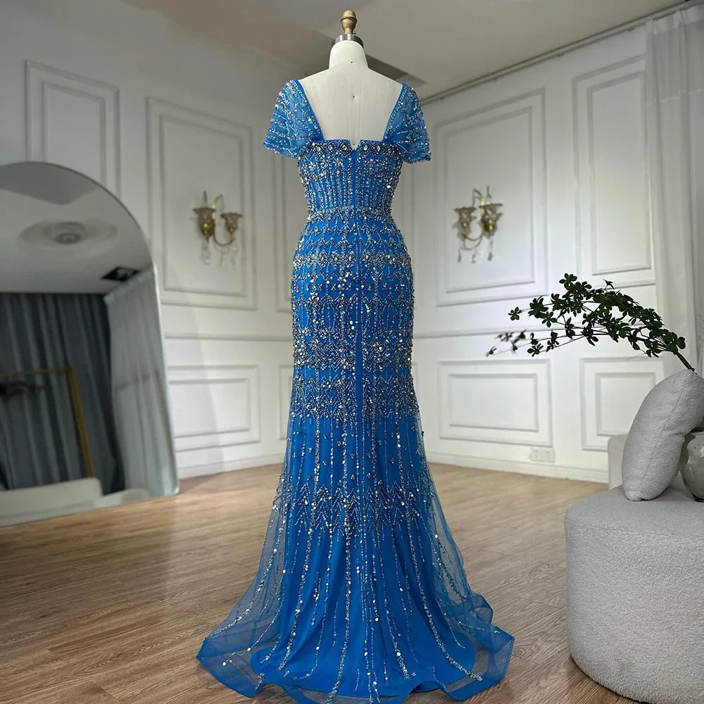 Luxury Dubai White Mermaid Beaded Evening Dress with  Cape Sleeves LA72714