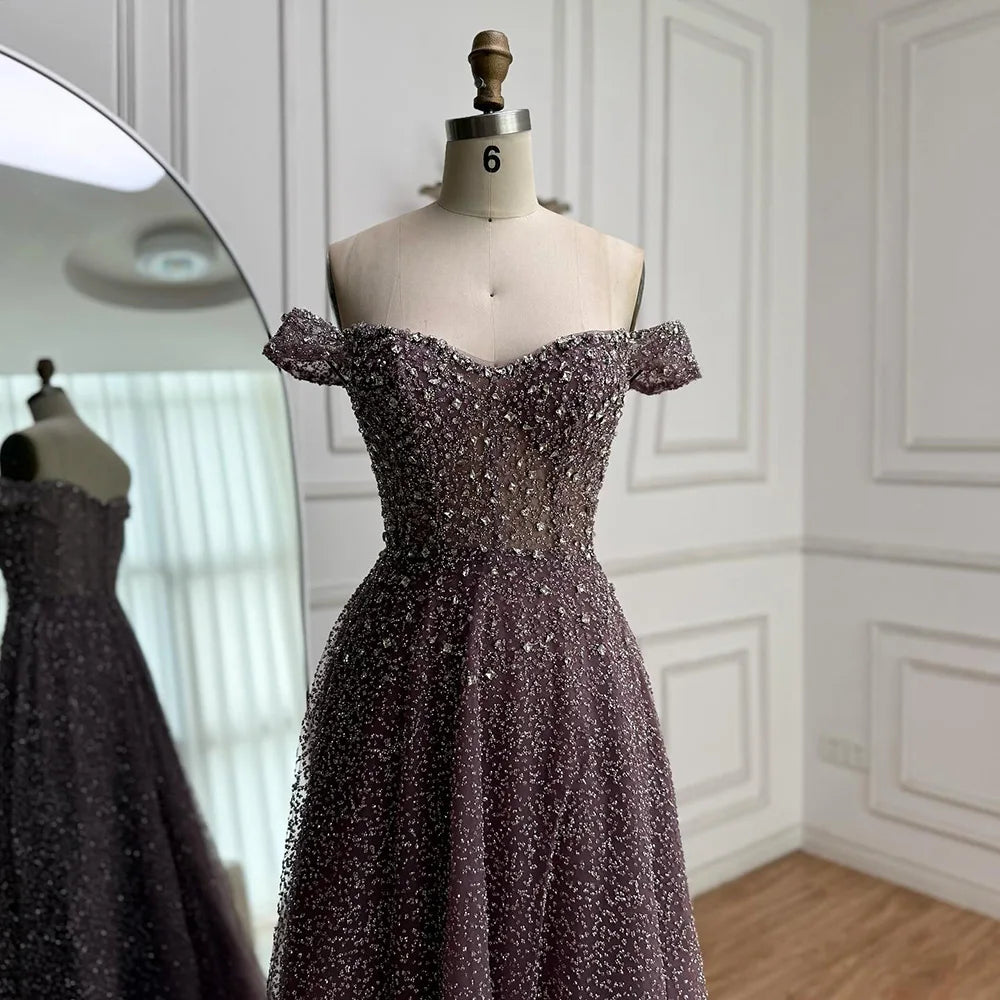 Caramel Off Shoulder A-Line Arabic Evening Dress LA72147B