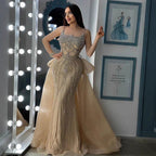 Luxury Dubai Nude Saudi Beaded Spaghetti Strap Evening Dress with Overskirt LA72810