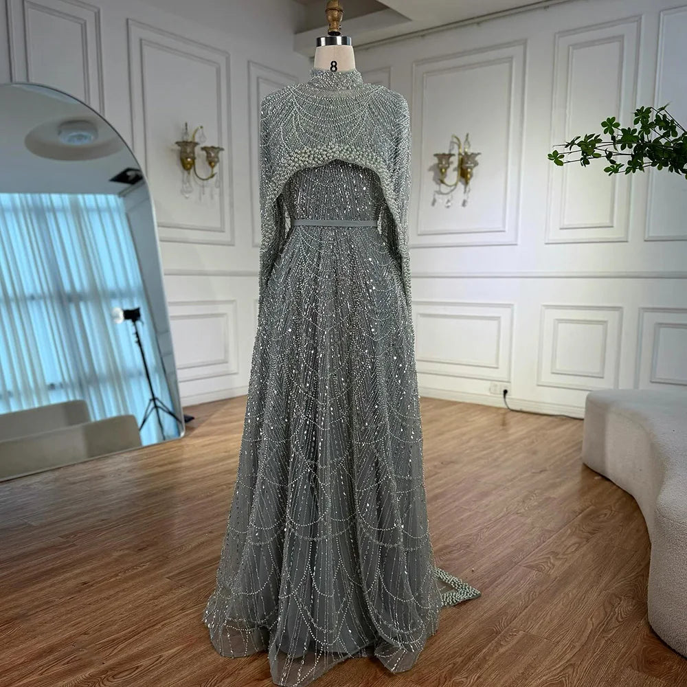 Luxury Modest Sage Green Evening Dress with Pearls LA72032B
