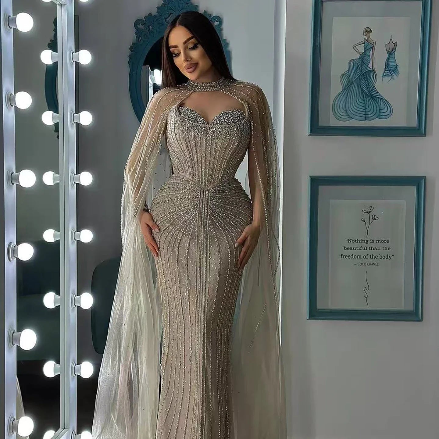 Luxury Dubai Caramel Beaded Evening Dress With Cape LA72811C - SERENE HILL