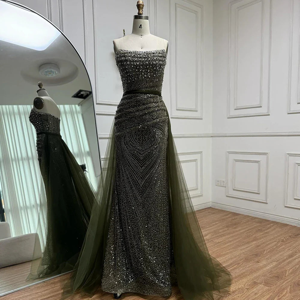 Lilac Olive Green Mermaid Evening Dress with Detachable Overskirt LA73162