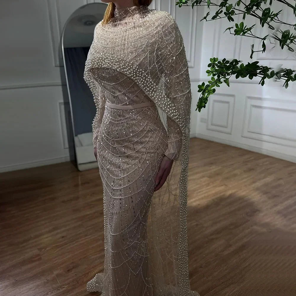 Muslim Long Cape Dubai Crystal Beaded Evening Gown LA72032M