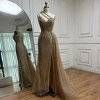 Luxury Nude Crystal Beaded One-Shoulder Evening Dress with Overskirt LA73161