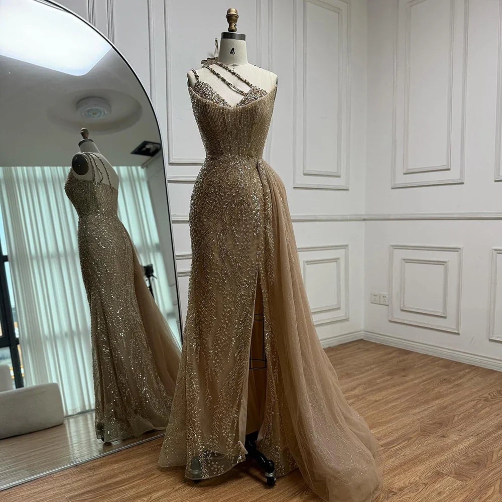 Luxury Nude Crystal Beaded One-Shoulder Evening Dress with Overskirt LA73161
