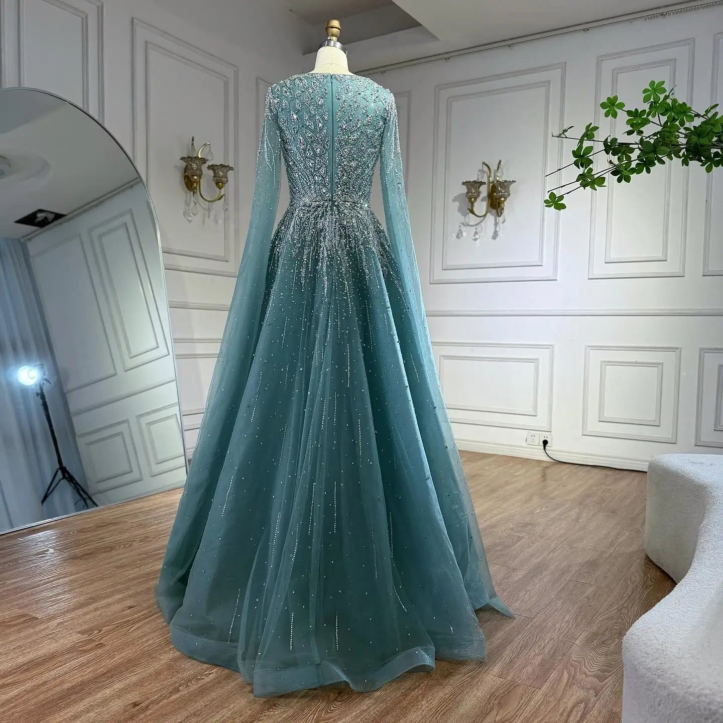 Luxury Caramel Dubai Evening Dress with Cape LA73269 - SERENE HILL