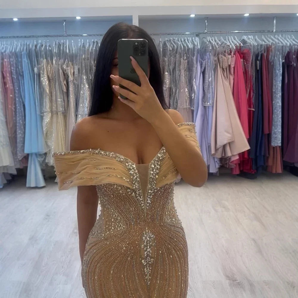 Luxury Saudi Arabic Gold Luxury Crystal Beaded Mermaid Evening Dress LA73142A - SERENE HILL