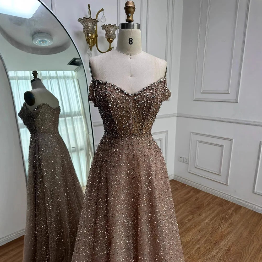 Caramel Off Shoulder A-Line Arabic Evening Dress LA72147B