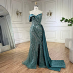 Classy Turquoise Luxury Beaded One-Shoulder Prom Dress LA72335