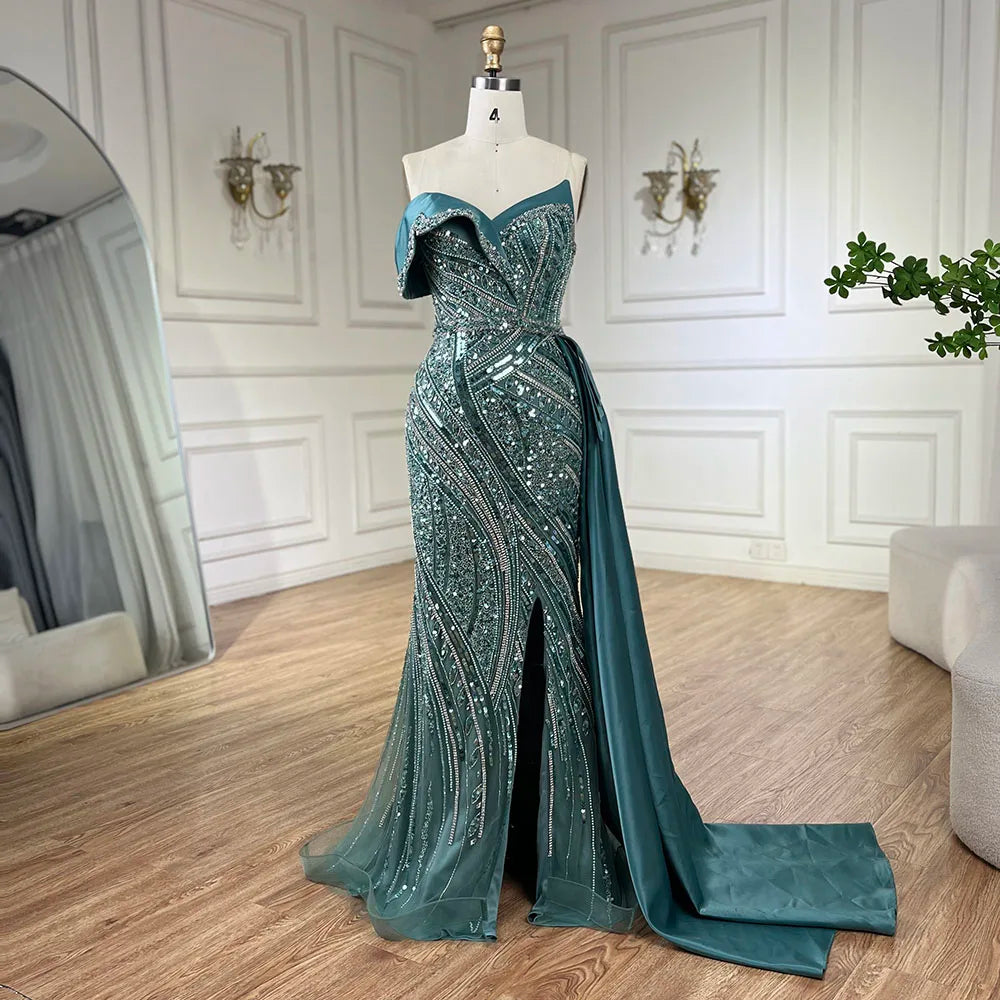 Classy Turquoise Luxury Beaded One-Shoulder Prom Dress LA72335