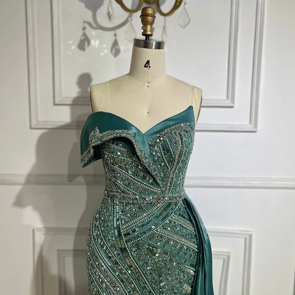 Classy Turquoise Luxury Beaded One-Shoulder Prom Dress LA72335