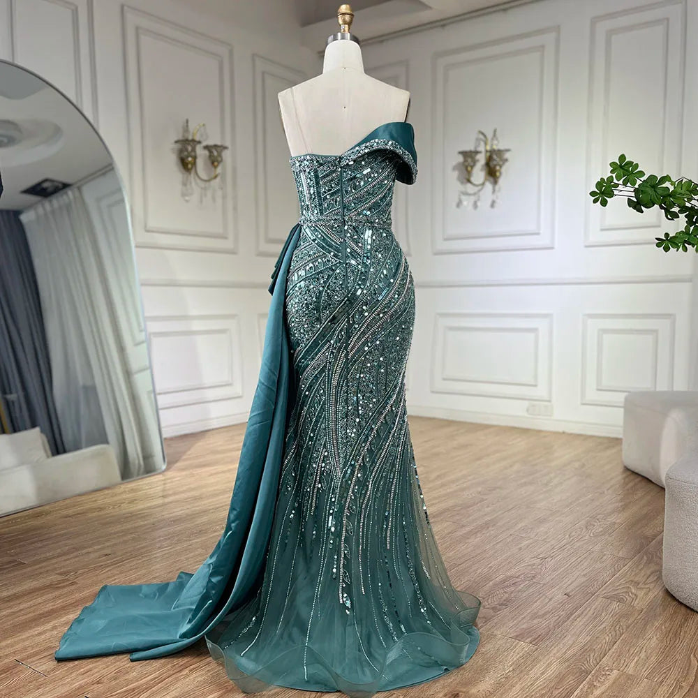Classy Turquoise Luxury Beaded One-Shoulder Prom Dress LA72335