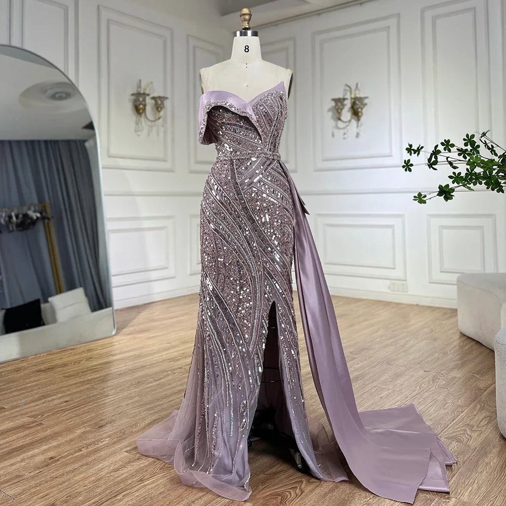 Classy Turquoise Luxury Beaded One-Shoulder Prom Dress LA72335