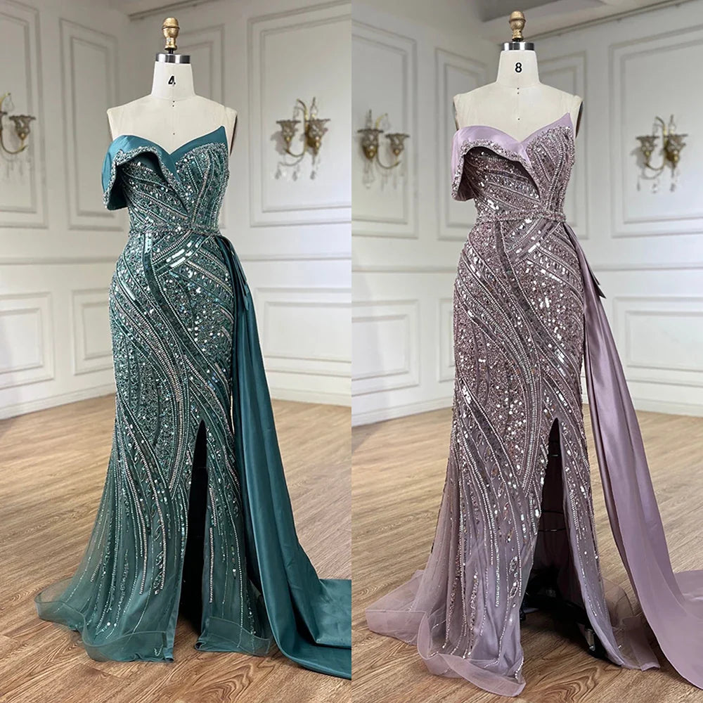 Classy Turquoise Luxury Beaded One-Shoulder Prom Dress LA72335
