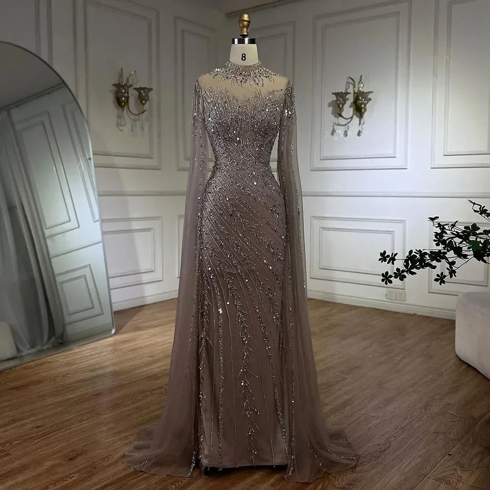 Luxury Nude Mermaid Evening Dress with Cape Sleeves LA71885A