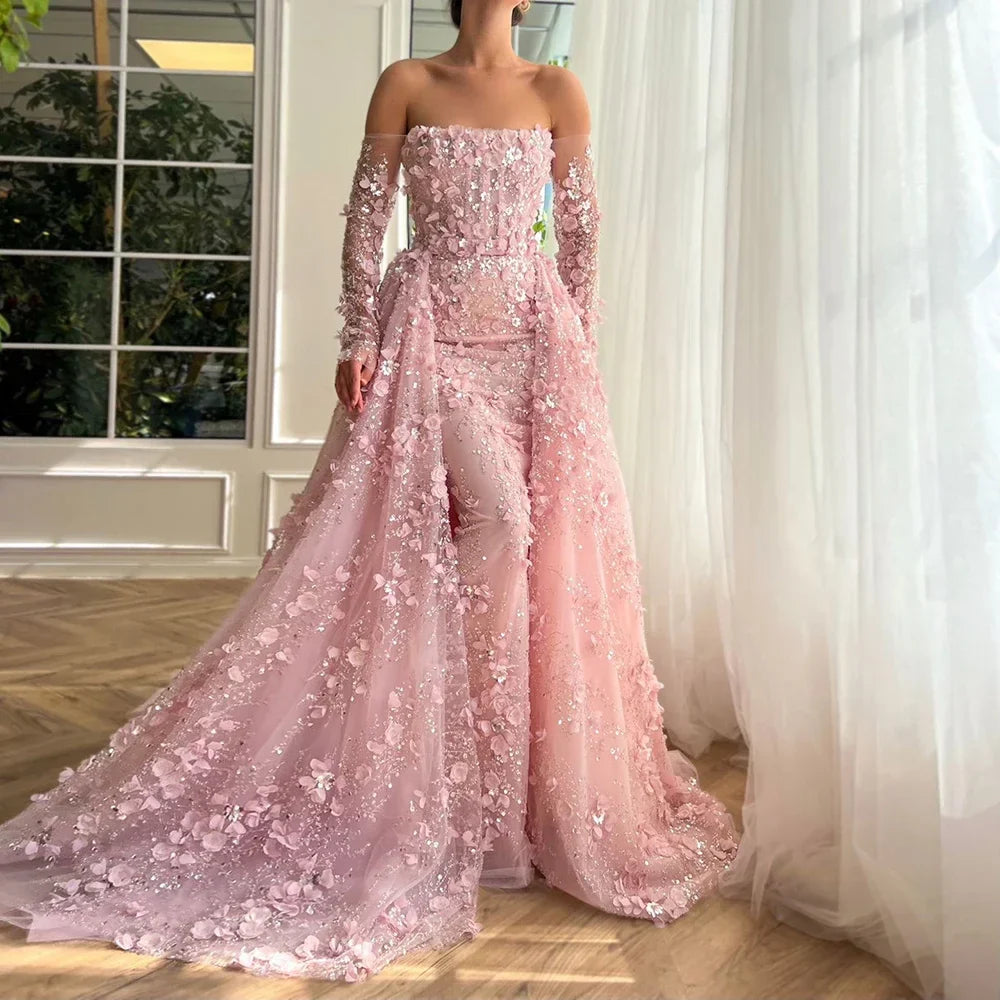 Pink Beaded Mermaid Evening Gown with Overskirt and Appliques LA72641