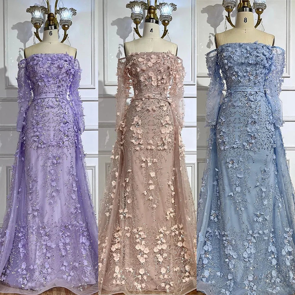 Pink Beaded Mermaid Evening Gown with Overskirt and Appliques LA72641