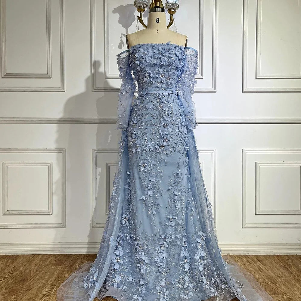 Pink Beaded Mermaid Evening Gown with Overskirt and Appliques LA72641